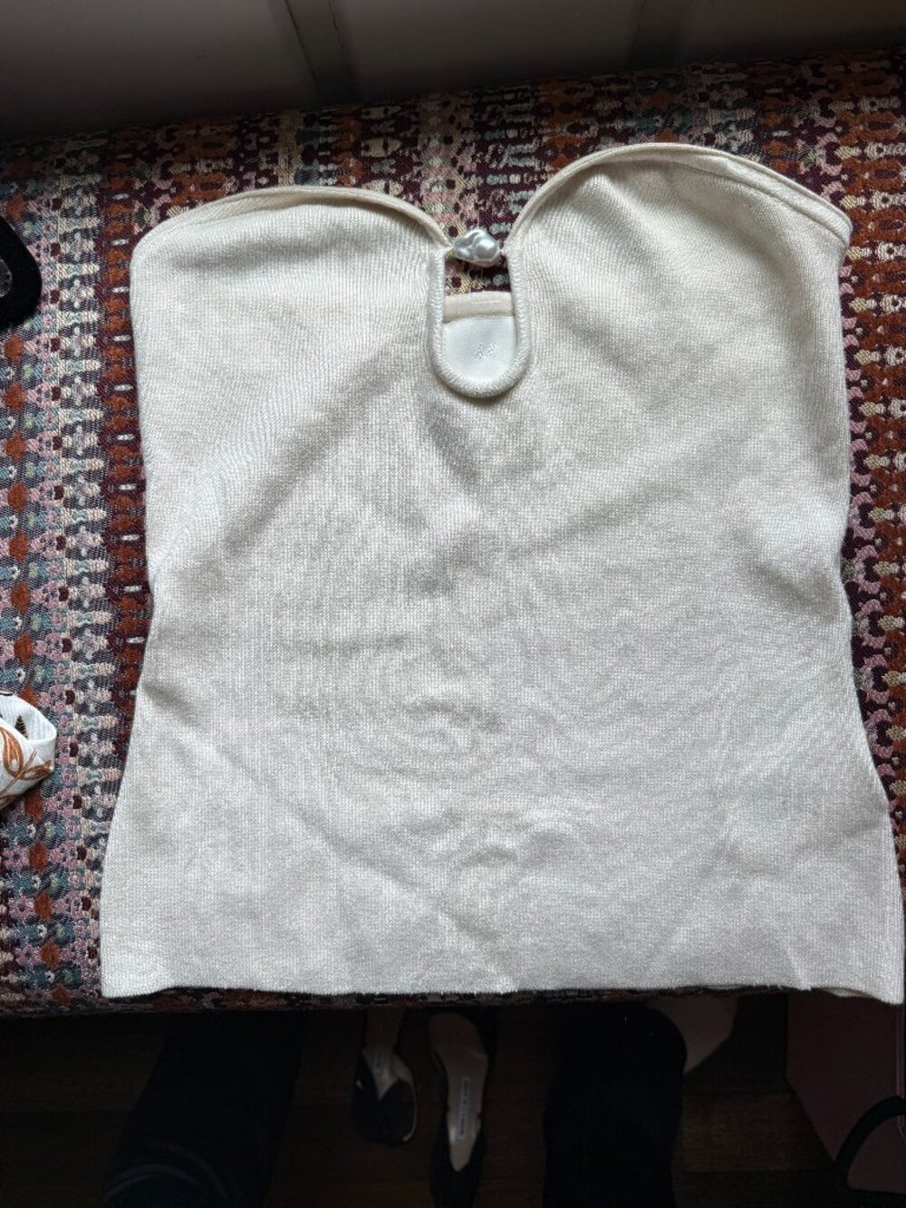 Strapless Knit Top with Cut Out and Pearl Detail
